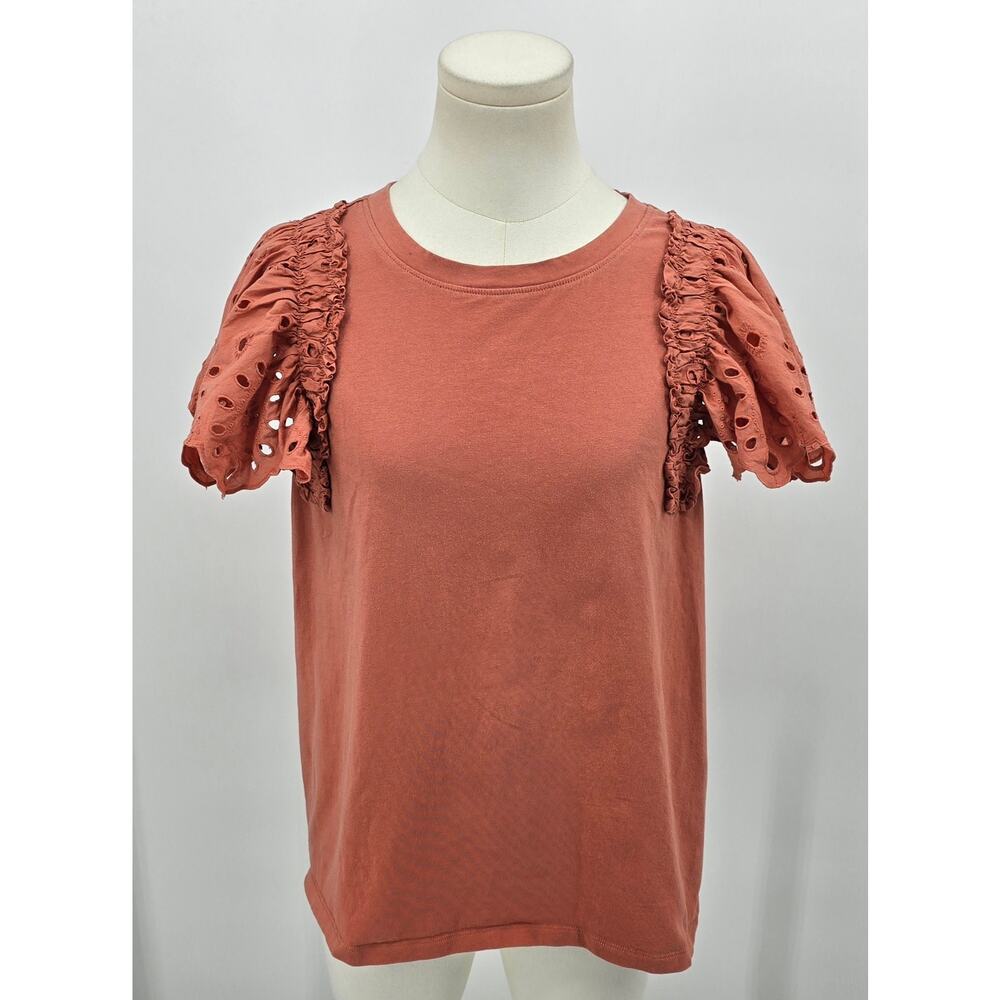 Express Minimalist Preppy‎ Rust Puff Sleeve Eyelet Tee